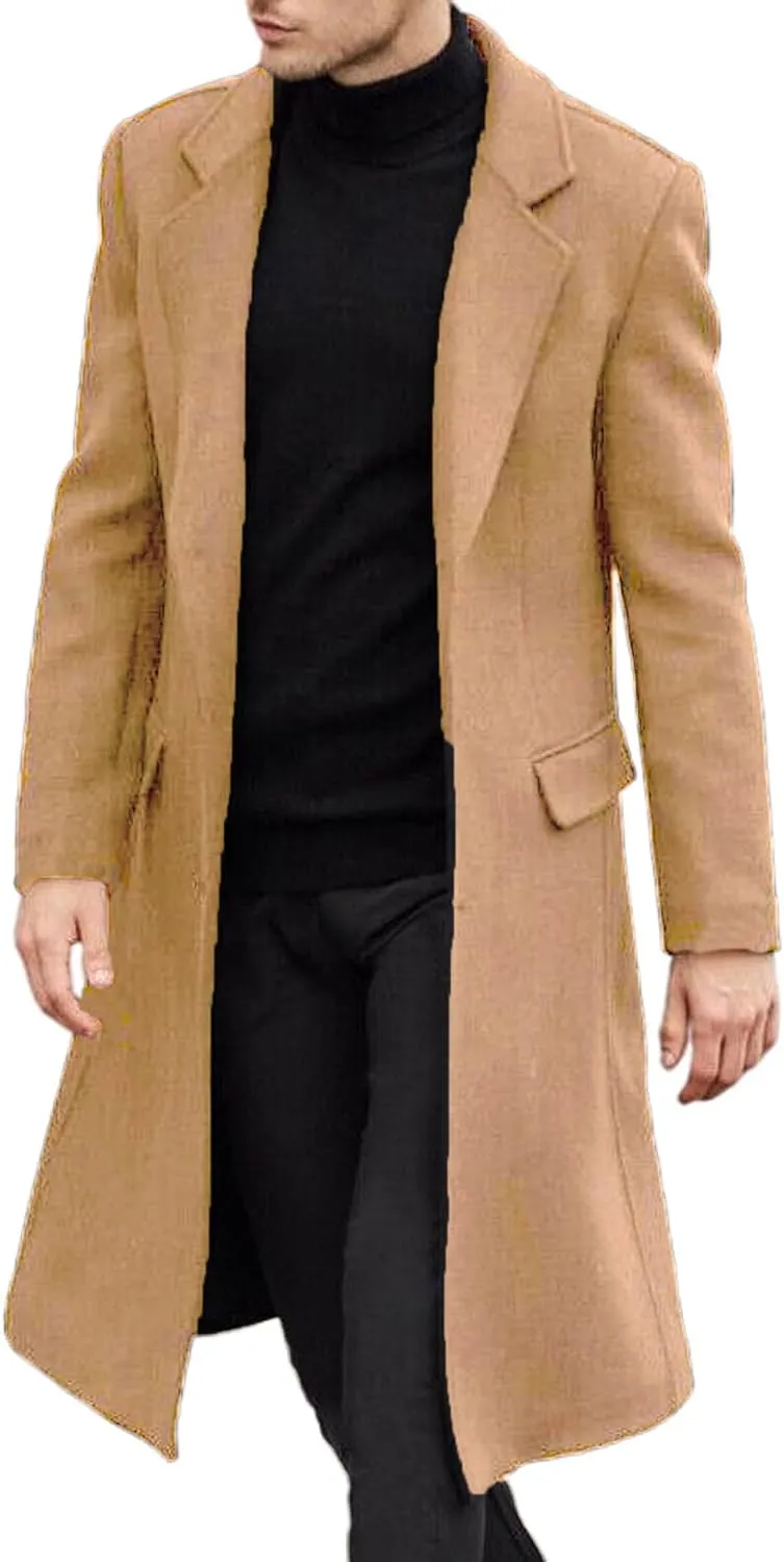 ECDAHICC Men's Slim Fit Single Breasted Trench Coat Winter Pea Coat Notch Lapel Long Casual Overcoat wih Pockets