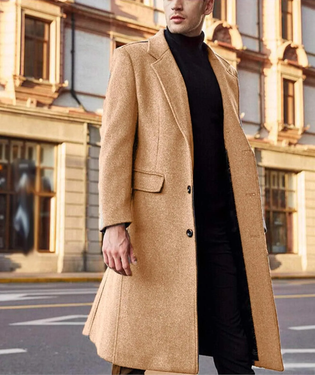 ECDAHICC Men's Slim Fit Single Breasted Trench Coat Winter Pea Coat Notch Lapel Long Casual Overcoat wih Pockets