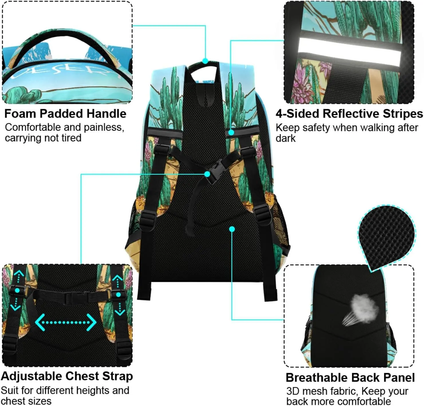 Eionryn Cactuses in Mexico Desert with Mountains Backpack Desert Landscape with Cacti Laptop Backpacks Book Bags Water Resistant Daypack Durable College Shoulder Bag Sports Travel Day Pack