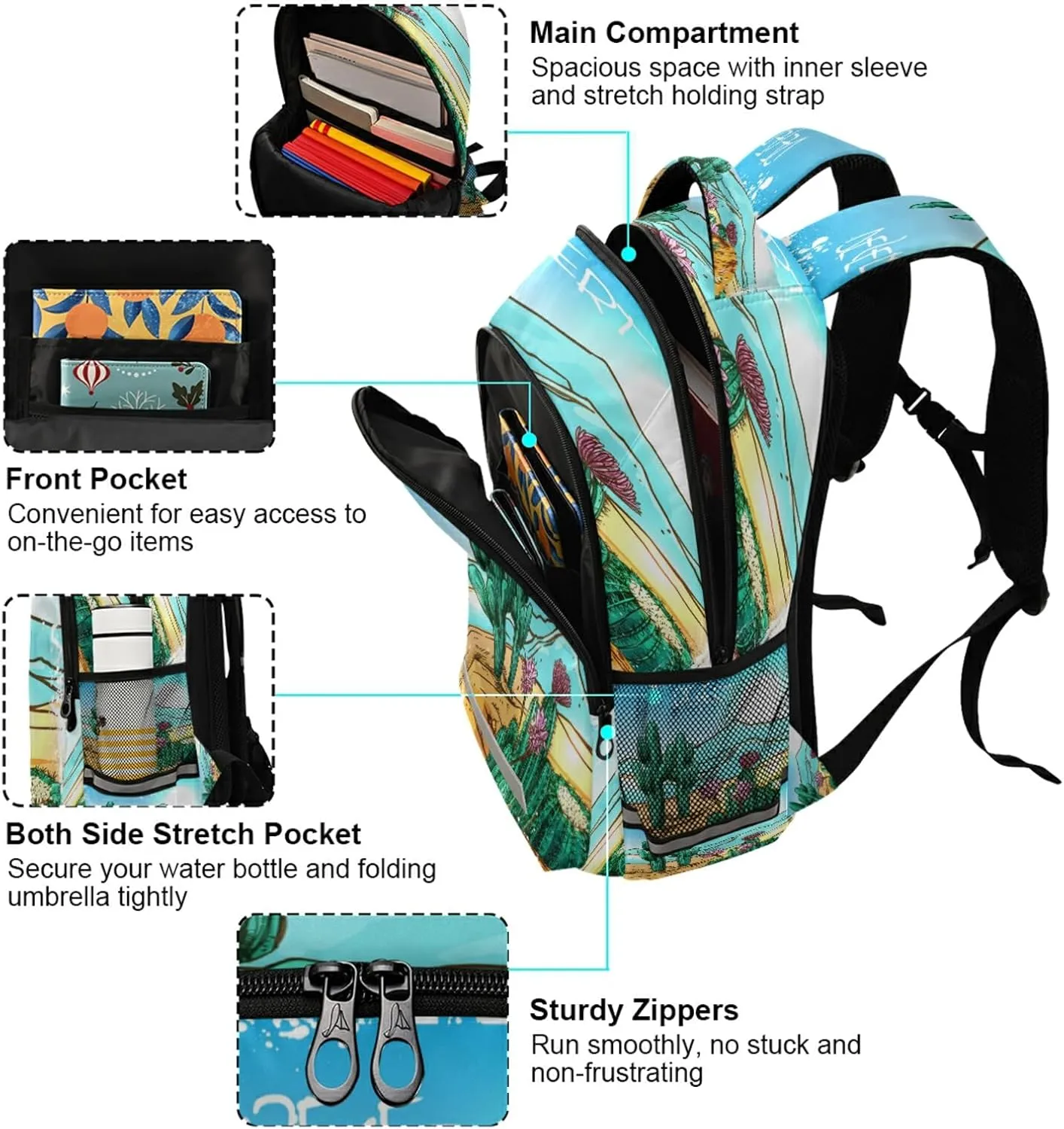 Eionryn Cactuses in Mexico Desert with Mountains Backpack Desert Landscape with Cacti Laptop Backpacks Book Bags Water Resistant Daypack Durable College Shoulder Bag Sports Travel Day Pack