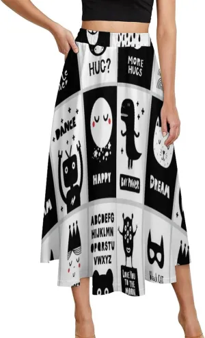 Elegant Anime Plaids Print Midi Skirts High Elastic Waist Ruched Bohemia Office Skirts