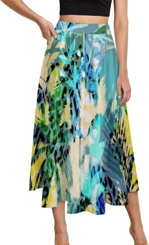 Elegant Hawaii Beach Print Midi Skirt High Elastic Waist Ruffle Flowy Spring Skirt