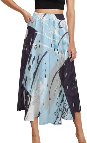 Endearing Black Curve Print Midi Skirt High Elastic Waist Ruffle Bohemia Mini Club Skirt