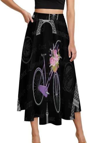 Esthetic Eiffel Tower Print Midi Skirts High Elastic Waist Pleated Bohemia Party Skirts