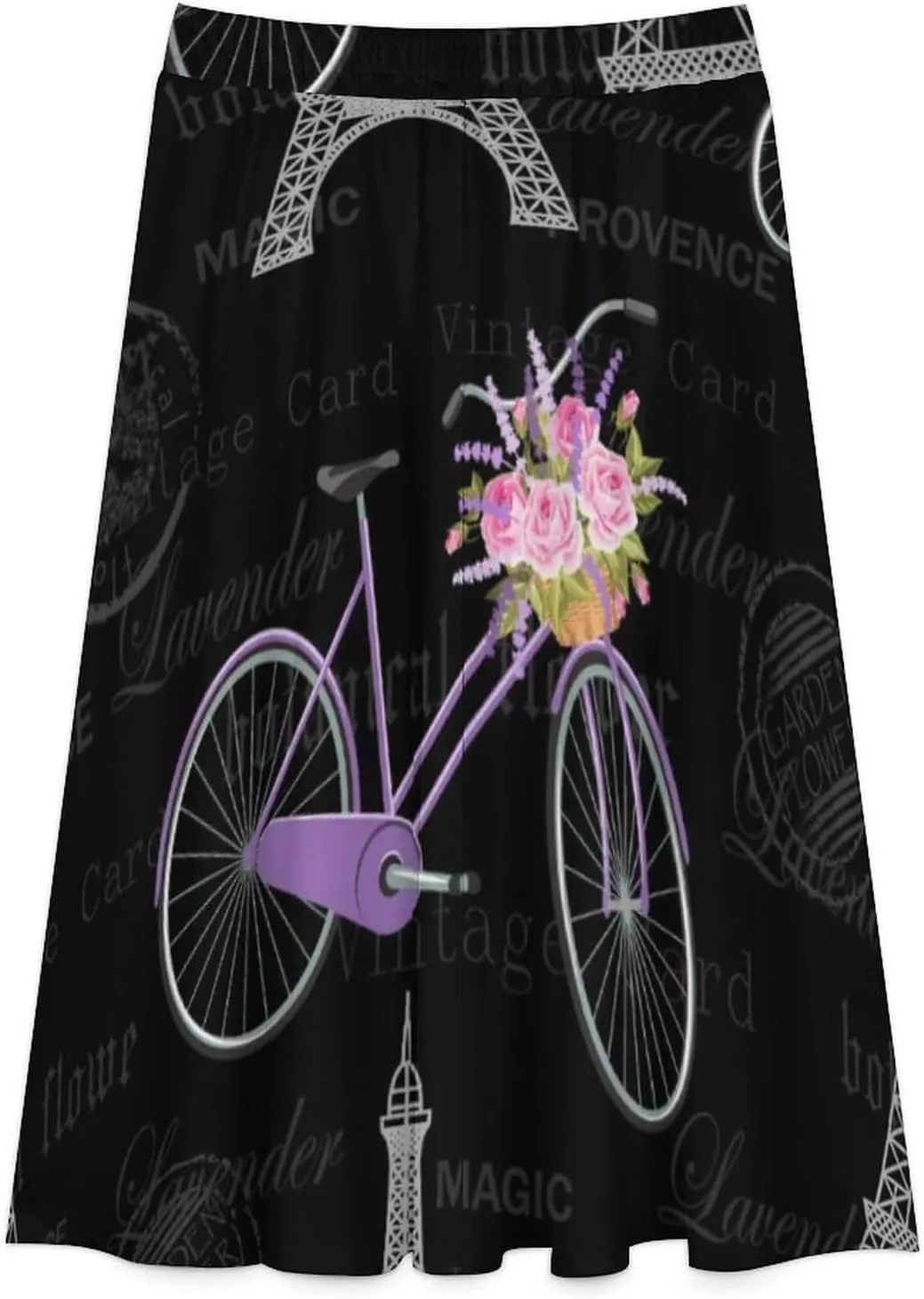 Esthetic Eiffel Tower Print Midi Skirts High Elastic Waist Pleated Bohemia Party Skirts