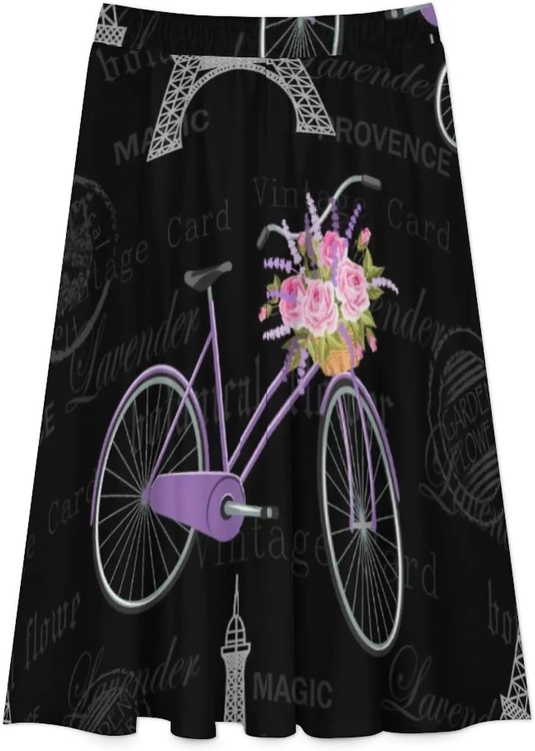 Esthetic Eiffel Tower Print Midi Skirts High Elastic Waist Pleated Bohemia Party Skirts