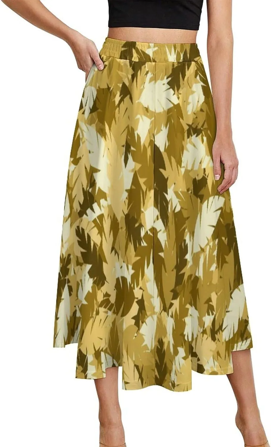Esthetic Yellow Leaves Printed Midi Skirts High Elastic Waist Ruched Boho Party Skirts
