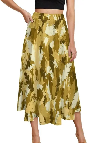 Esthetic Yellow Leaves Printed Midi Skirts High Elastic Waist Ruched Boho Party Skirts