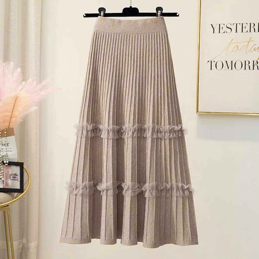 Falda Women's Lace Patchwork Knitted Pleated Midi Skirt Ladies Elastic High Waist Stitching Loose A Line Skirt Casual