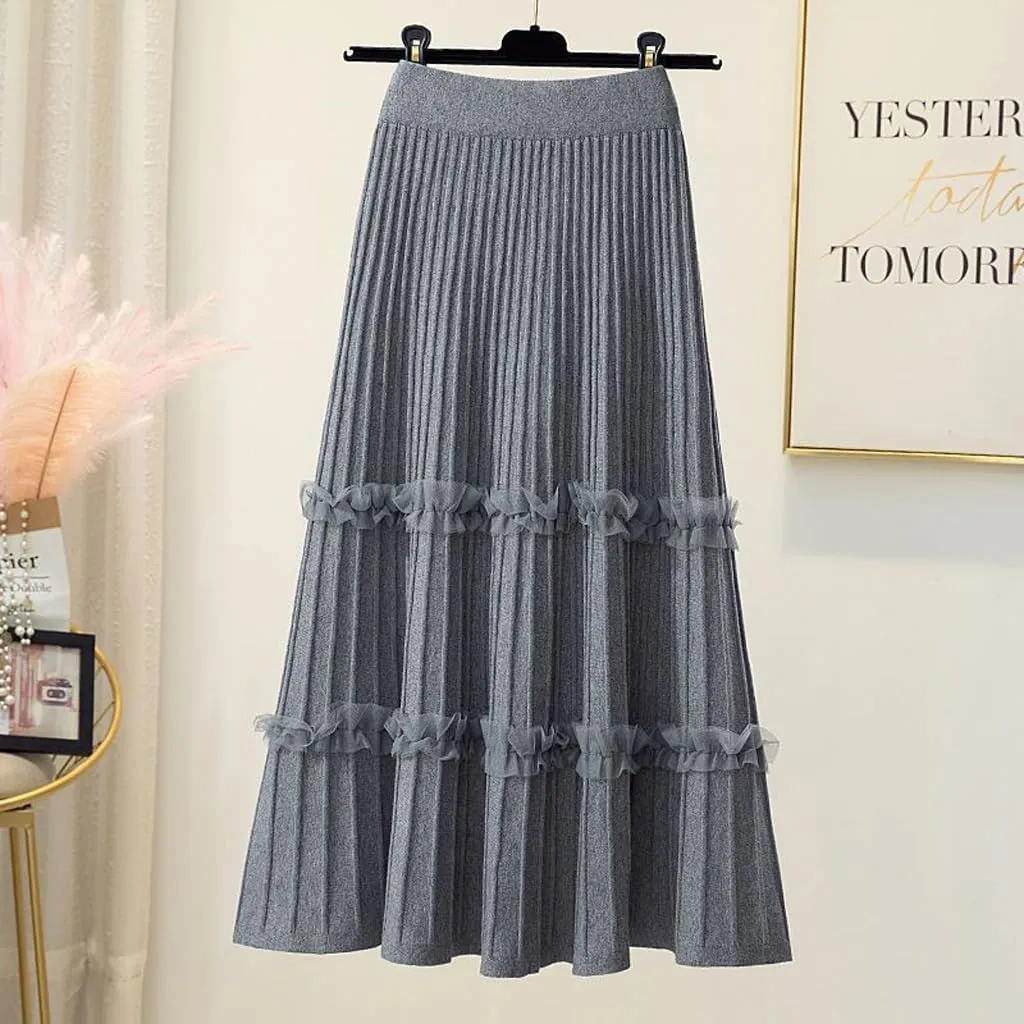 Falda Women's Lace Patchwork Knitted Pleated Midi Skirt Ladies Elastic High Waist Stitching Loose A Line Skirt Casual