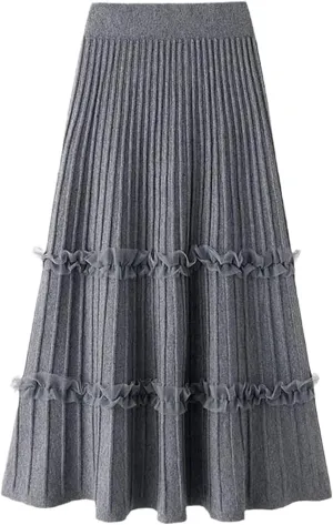 Falda Women's Lace Patchwork Knitted Pleated Midi Skirt Ladies Elastic High Waist Stitching Loose A Line Skirt Casual