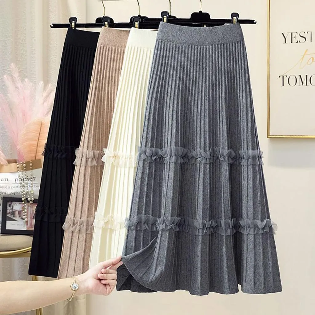 Falda Women's Lace Patchwork Knitted Pleated Midi Skirt Ladies Elastic High Waist Stitching Loose A Line Skirt Casual