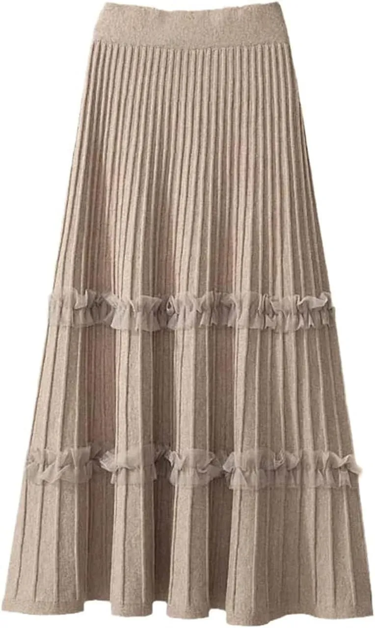 Falda Women's Lace Patchwork Knitted Pleated Midi Skirt Ladies Elastic High Waist Stitching Loose A Line Skirt Casual