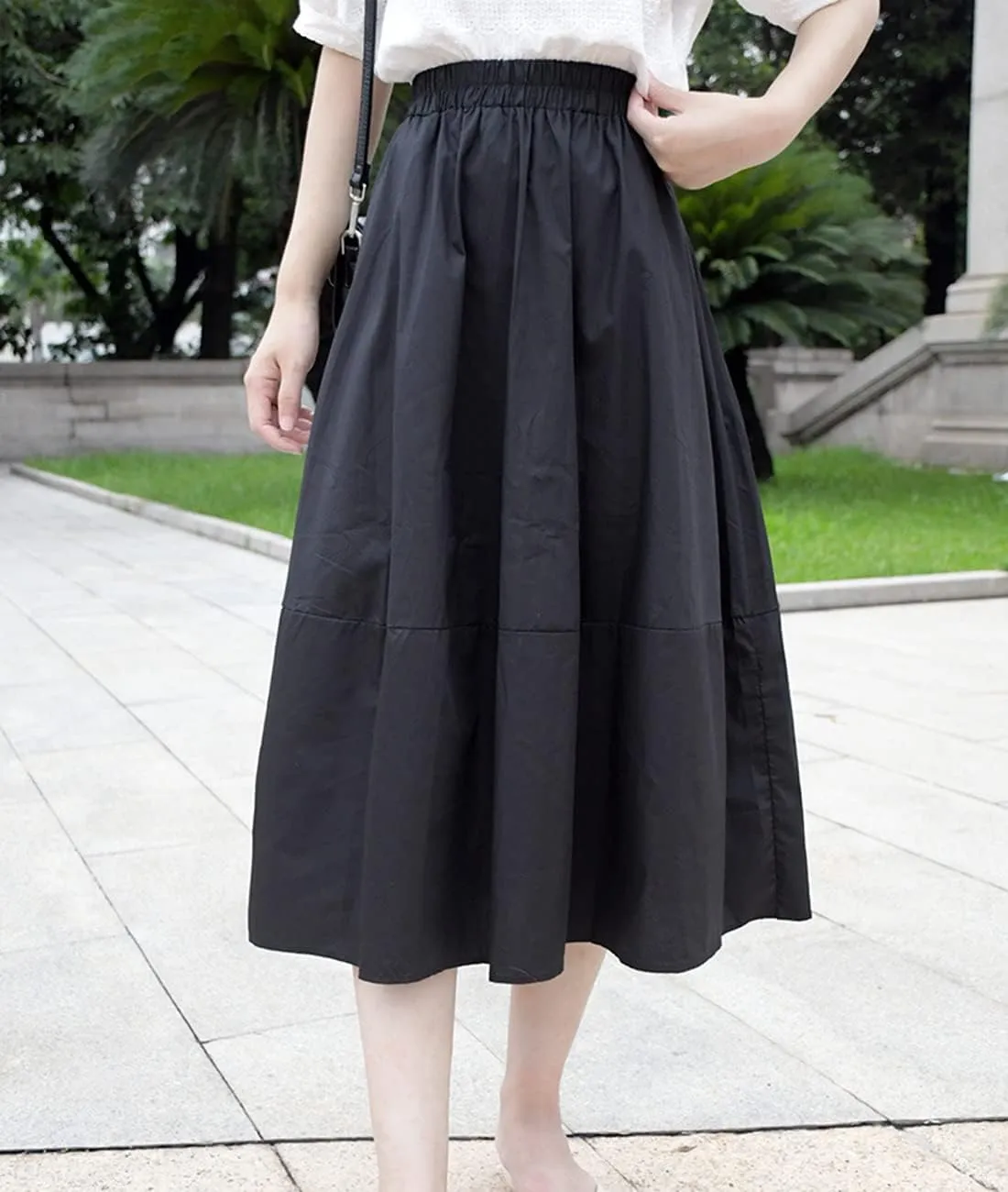Femiserah Women's Casual High Waist Pleated A-Line Midi Skirt with Pockets