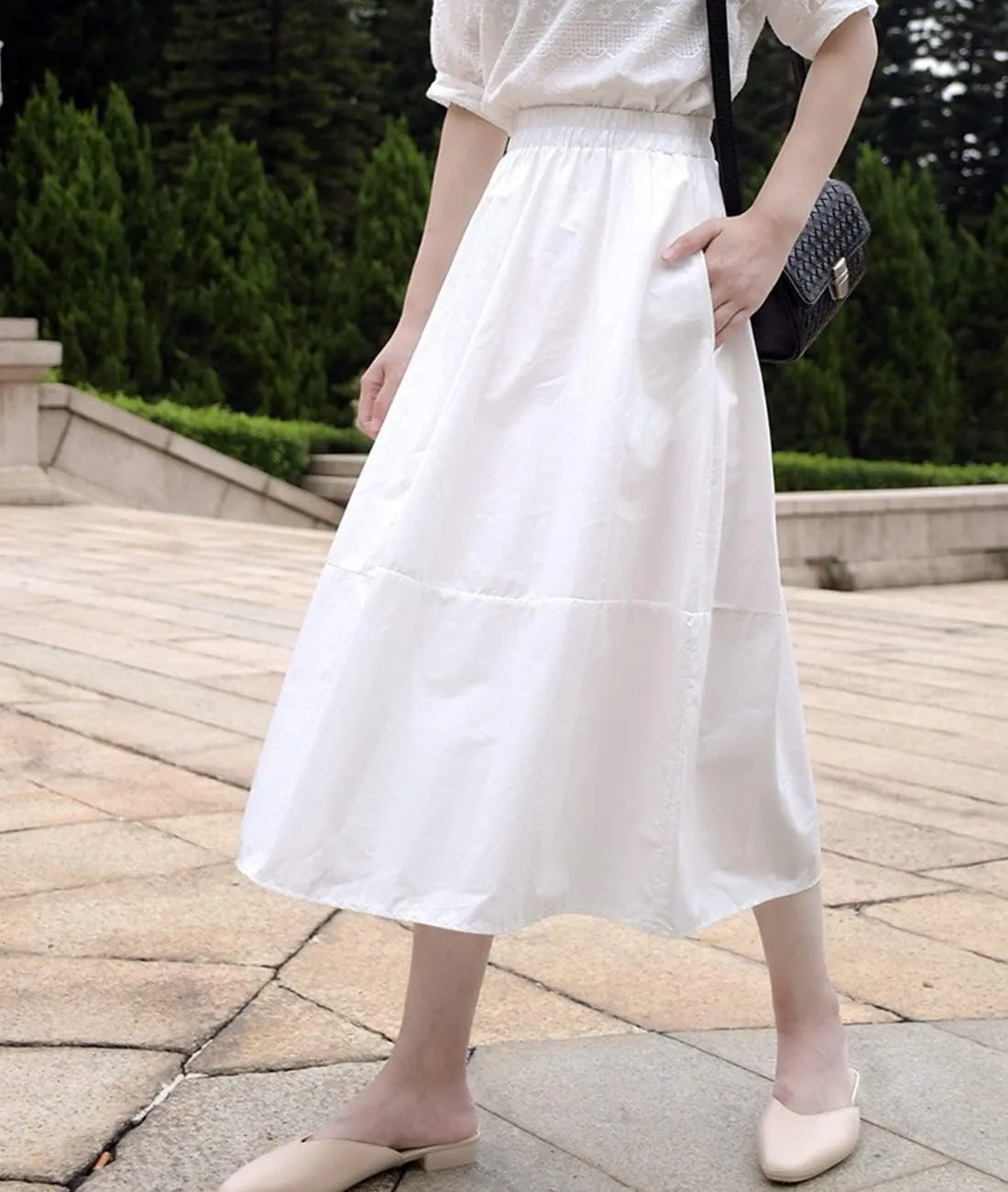 Femiserah Women's Casual High Waist Pleated A-Line Midi Skirt with Pockets