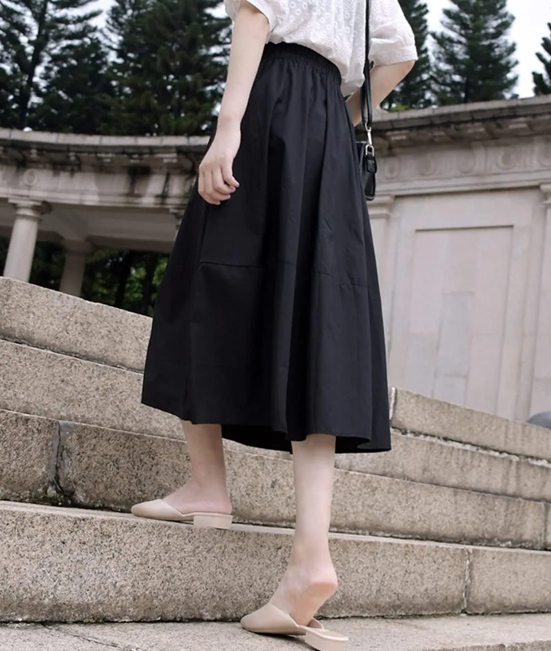 Femiserah Women's Casual High Waist Pleated A-Line Midi Skirt with Pockets