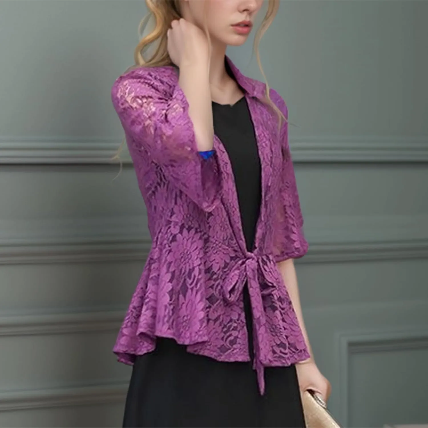 FindThy Womens 3/4 Flare Sleeve Lace Cardigan Tie Knot Front Floral Knitted Cover Up Shrugs