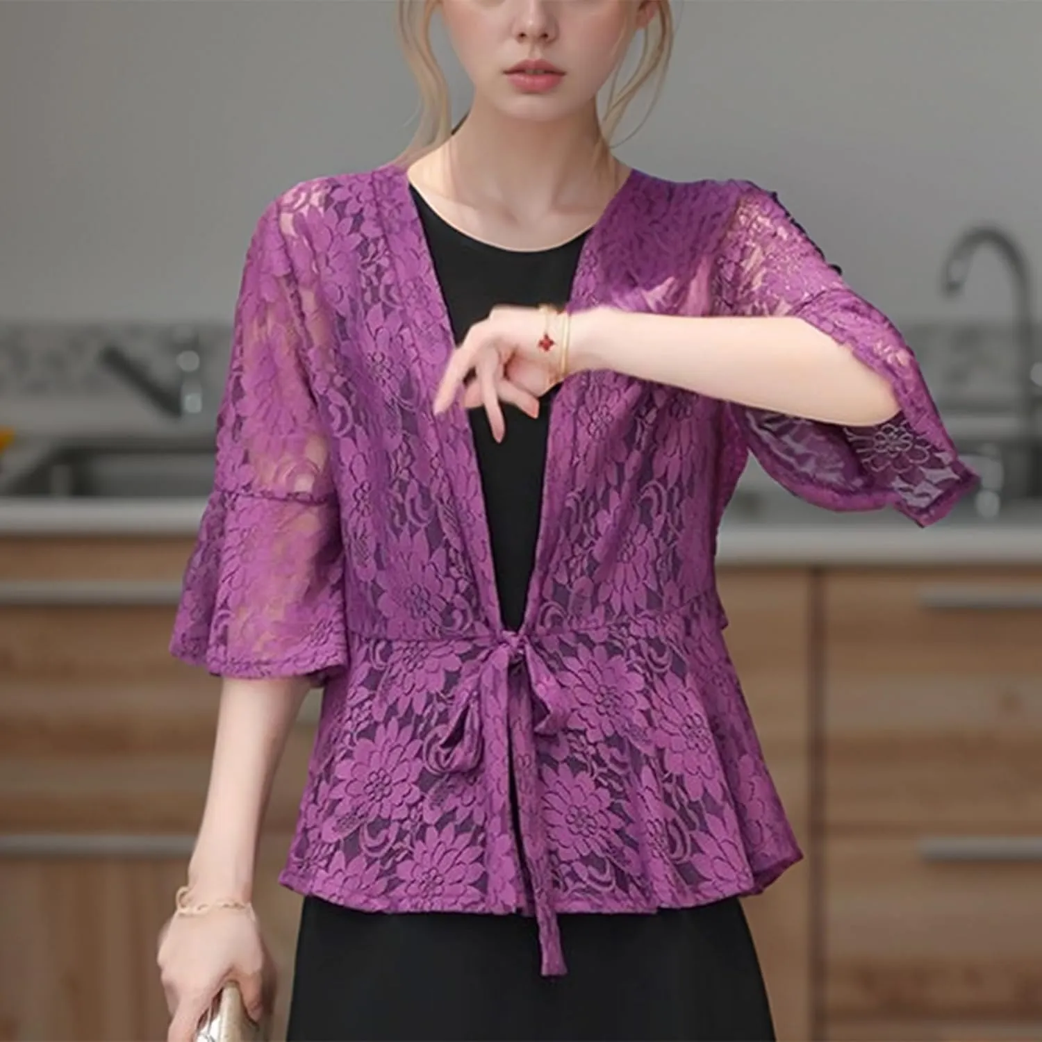 FindThy Womens 3/4 Flare Sleeve Lace Cardigan Tie Knot Front Floral Knitted Cover Up Shrugs