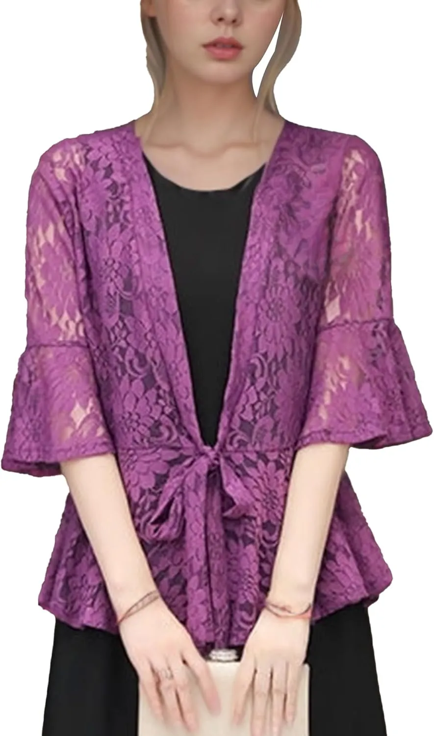 FindThy Womens 3/4 Flare Sleeve Lace Cardigan Tie Knot Front Floral Knitted Cover Up Shrugs
