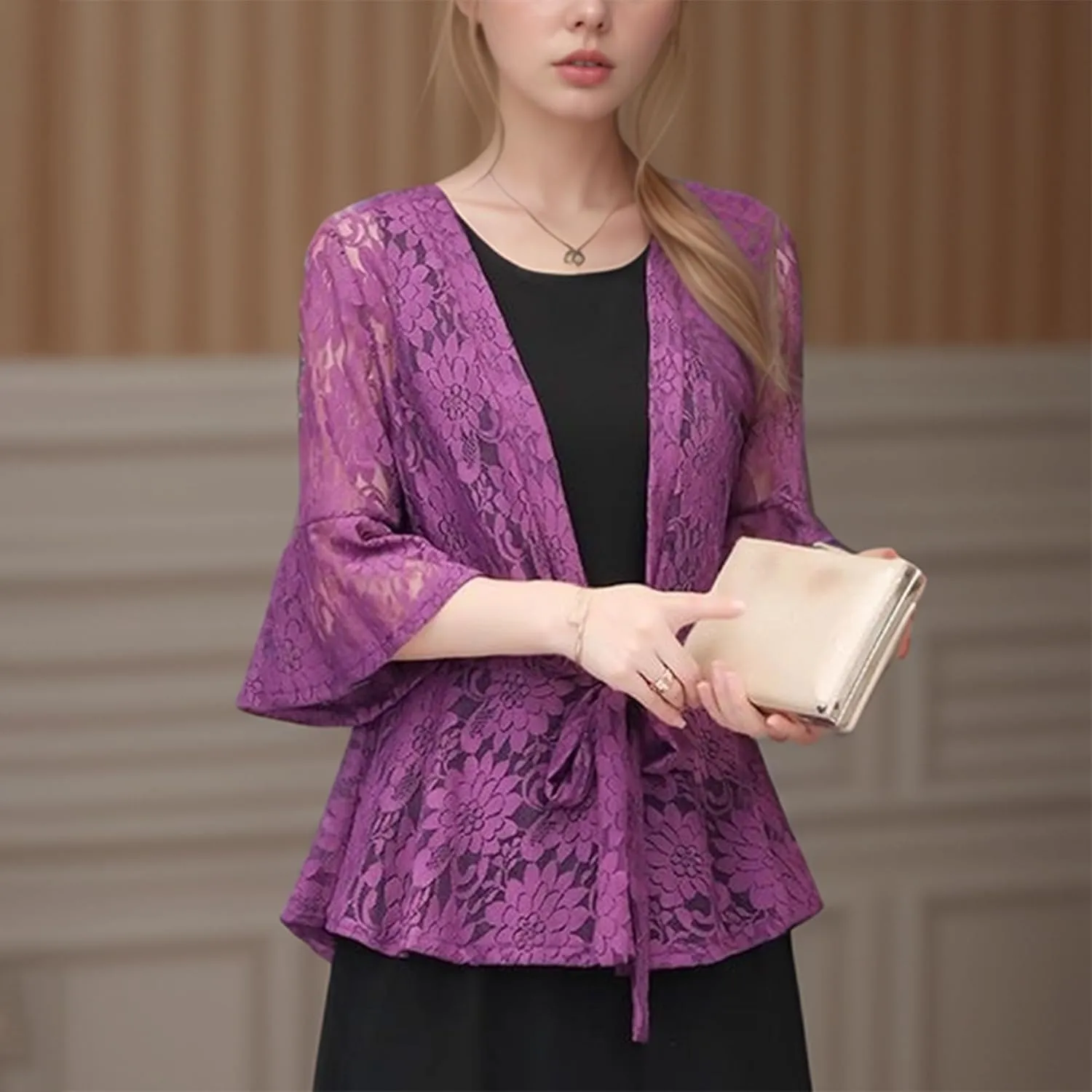 FindThy Womens 3/4 Flare Sleeve Lace Cardigan Tie Knot Front Floral Knitted Cover Up Shrugs