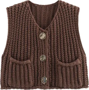 FindThy Womens Cropped Sweater Vest Cute Crewneck Button Down Sleeveless Crop Knit Cardigan with Pocket