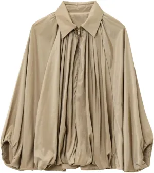 FindThy Womens Puffed Bomber Jacket Trendy Lapel Collar Long Batwing Sleeve Front Zip Oversized Shirts