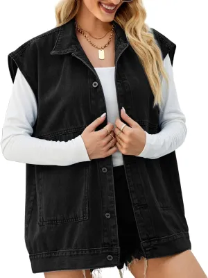 FindThy Womens Vintage Denim Jean Vest Oversized Button Down Jean Waistcoat Gilet