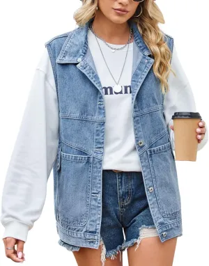 FindThy Womens Vintage Denim Jean Vest Oversized Button Down Jean Waistcoat Gilet