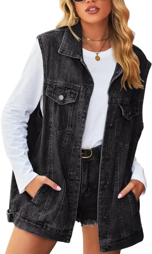 FindThy Womens Vintage Denim Jean Vest Oversized Button Down Jean Waistcoat Gilet