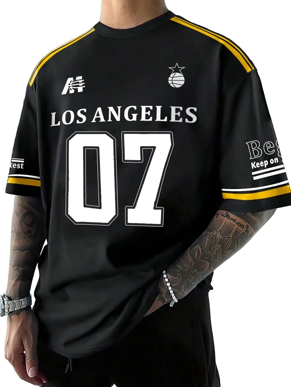 Floerns Men's Jersey Letter Print Graphic Oversized T Shirt Short Sleeve Crewneck Casual Football Jersey Shirts