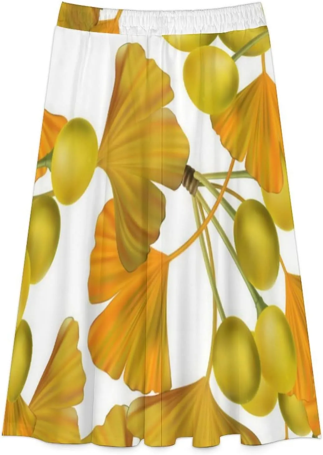 Funny Ginkgo Leaves Print Midi Skirts High Elastic Waist Pleated Flowy Mini Club Skirt