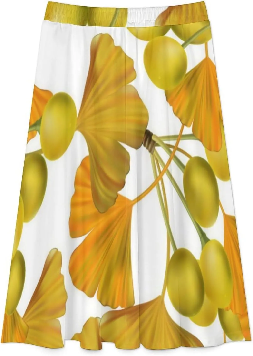 Funny Ginkgo Leaves Print Midi Skirts High Elastic Waist Pleated Flowy Mini Club Skirt