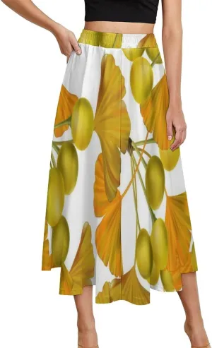 Funny Ginkgo Leaves Print Midi Skirts High Elastic Waist Pleated Flowy Mini Club Skirt