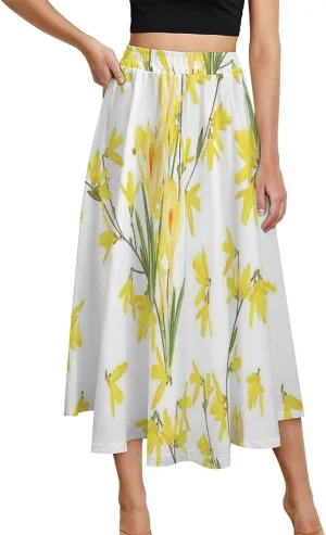 Funny Yellow Florals Printed Midi Skirts High Elastic Waist Ruffle Boho Mini Club Skirt