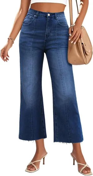 Genleck Women's Wide Leg Cropped High Waisted Seamed Front Raw Hem Denim Pants - Trendy Stretchy Baggy Jeans