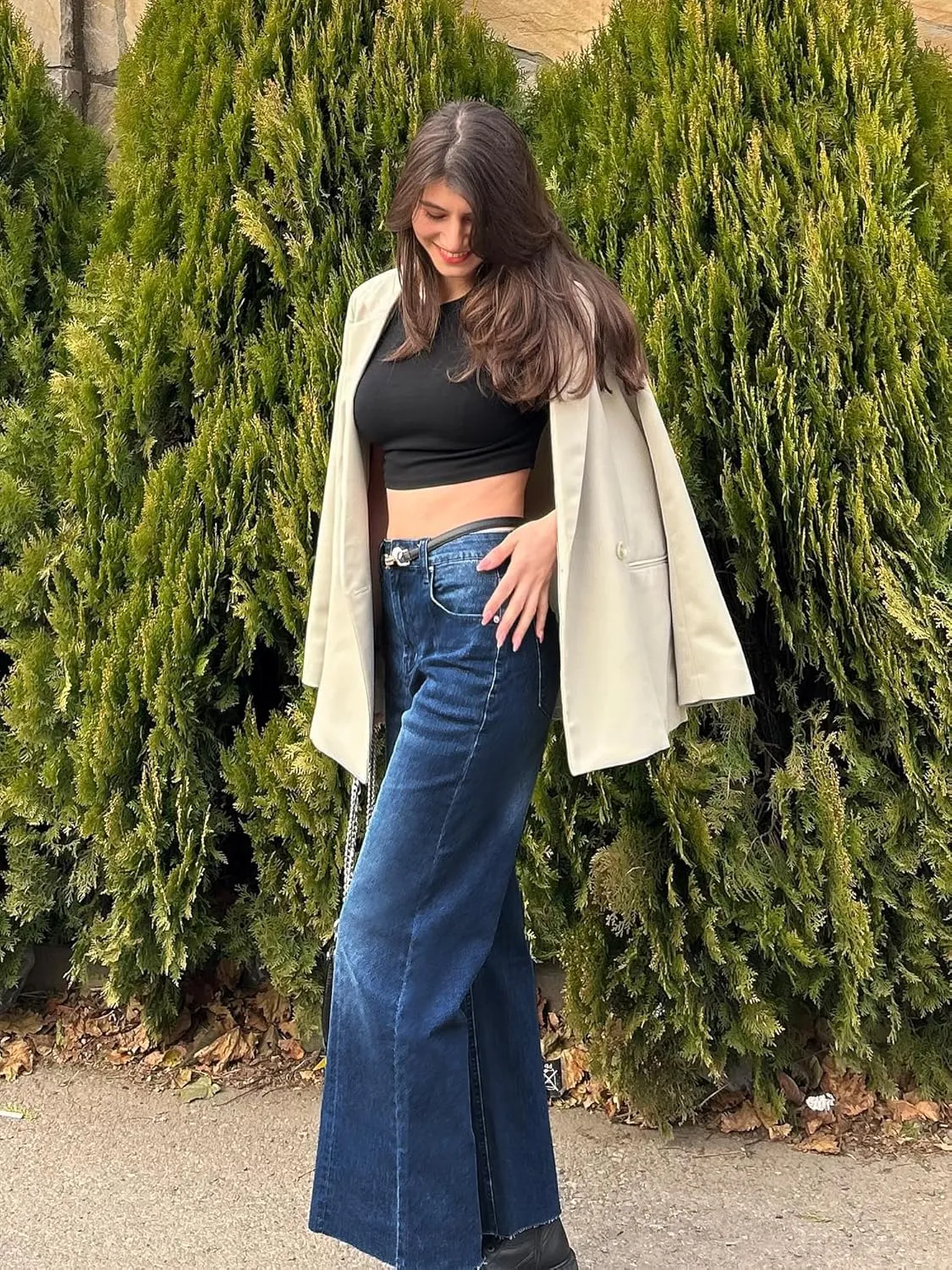 Genleck Women's Wide Leg Cropped High Waisted Seamed Front Raw Hem Denim Pants - Trendy Stretchy Baggy Jeans