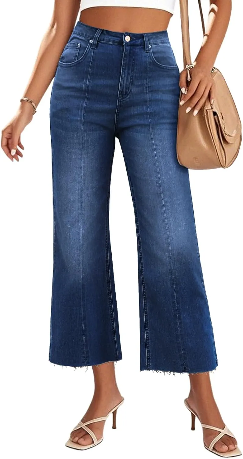Genleck Women's Wide Leg Cropped High Waisted Seamed Front Raw Hem Denim Pants - Trendy Stretchy Baggy Jeans