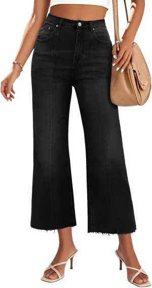 Genleck Women's Wide Leg Cropped High Waisted Seamed Front Raw Hem Denim Pants - Trendy Stretchy Baggy Jeans