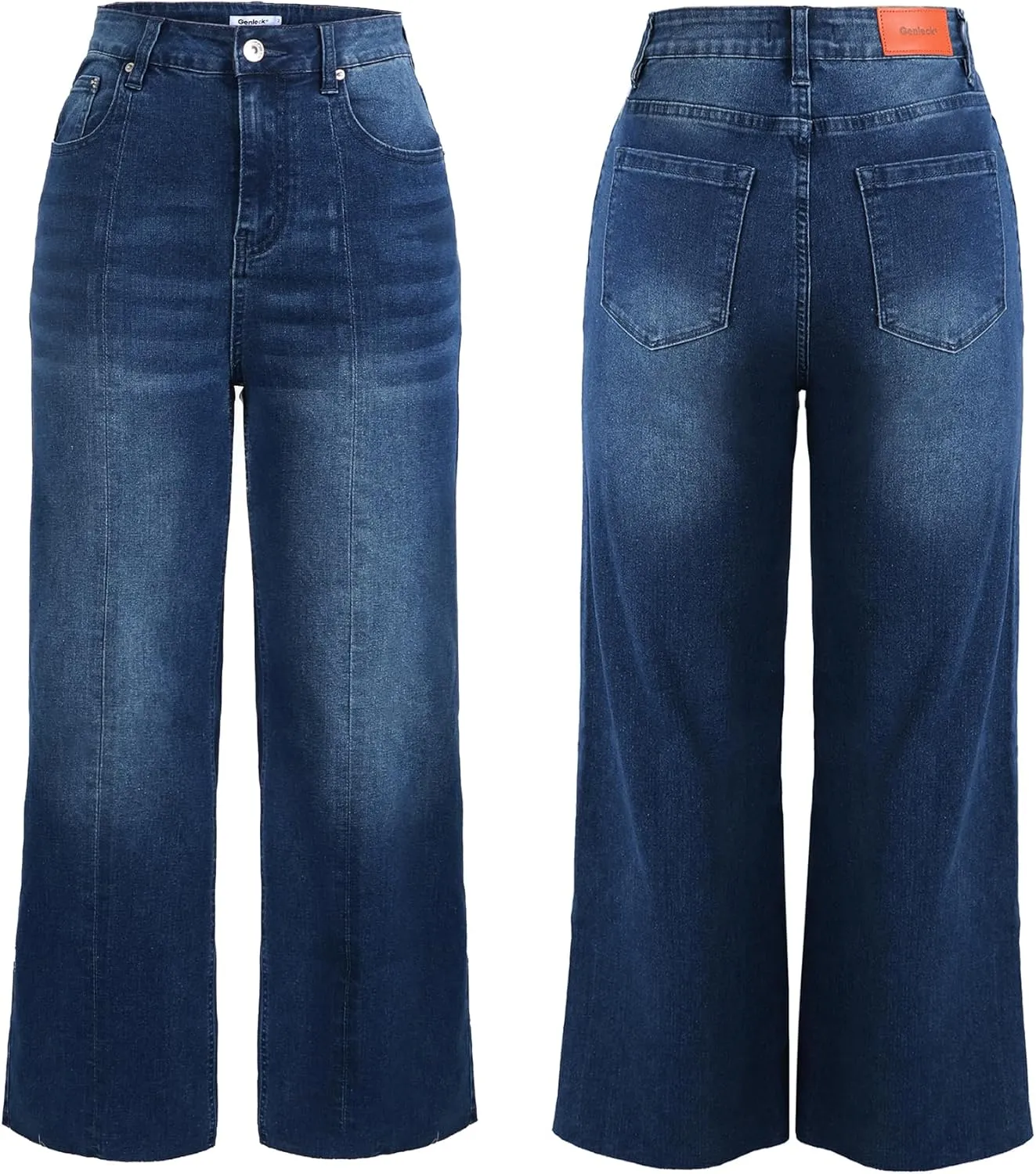 Genleck Women's Wide Leg Cropped High Waisted Seamed Front Raw Hem Denim Pants - Trendy Stretchy Baggy Jeans