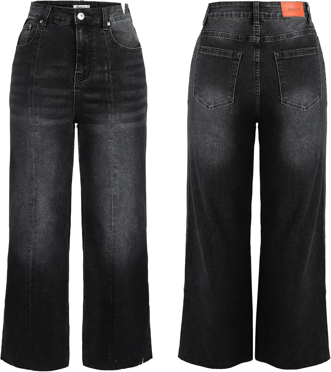 Genleck Women's Wide Leg Cropped High Waisted Seamed Front Raw Hem Denim Pants - Trendy Stretchy Baggy Jeans