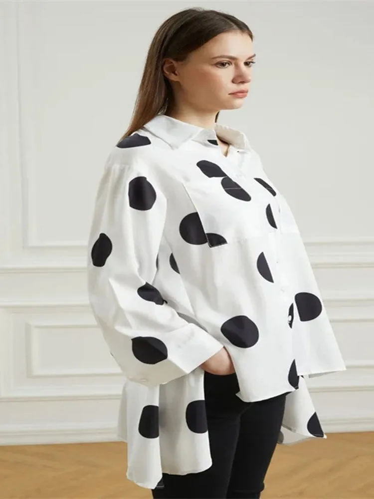 Getadme Fashion Polka-Dot Buttons Shirts Women's Side Split Lapel Long Sleeves Blouse Women Casual Simple Commuter Office Ladies Shirts
