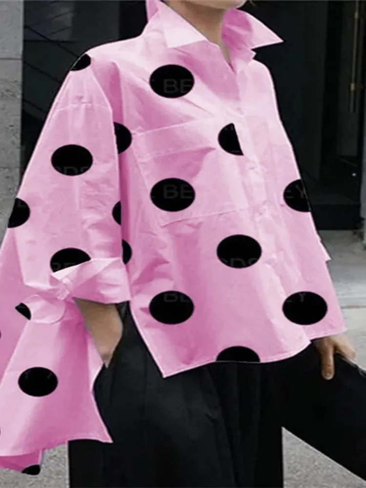 Getadme Fashion Polka-Dot Buttons Shirts Women's Side Split Lapel Long Sleeves Blouse Women Casual Simple Commuter Office Ladies Shirts