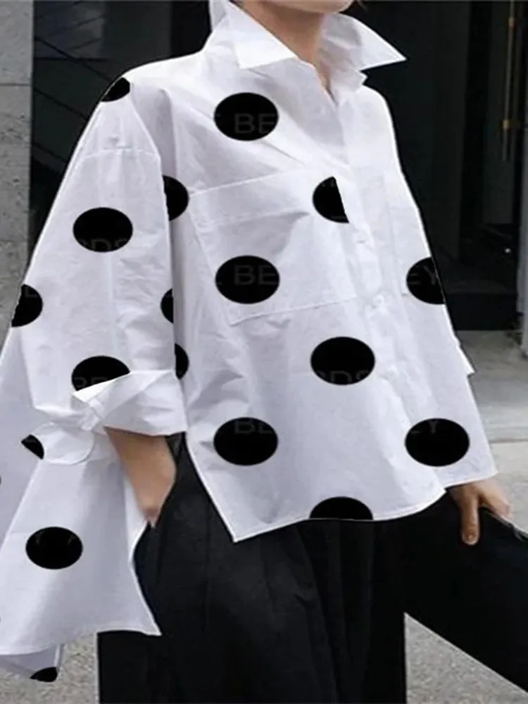 Getadme Fashion Polka-Dot Buttons Shirts Women's Side Split Lapel Long Sleeves Blouse Women Casual Simple Commuter Office Ladies Shirts