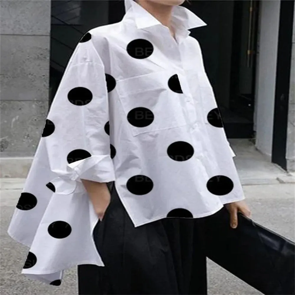 Getadme Fashion Polka-Dot Buttons Shirts Women's Side Split Lapel Long Sleeves Blouse Women Casual Simple Commuter Office Ladies Shirts