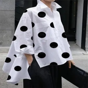 Getadme Fashion Polka-Dot Buttons Shirts Women's Side Split Lapel Long Sleeves Blouse Women Casual Simple Commuter Office Ladies Shirts