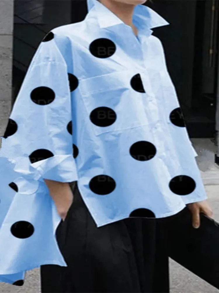 Getadme Fashion Polka-Dot Buttons Shirts Women's Side Split Lapel Long Sleeves Blouse Women Casual Simple Commuter Office Ladies Shirts