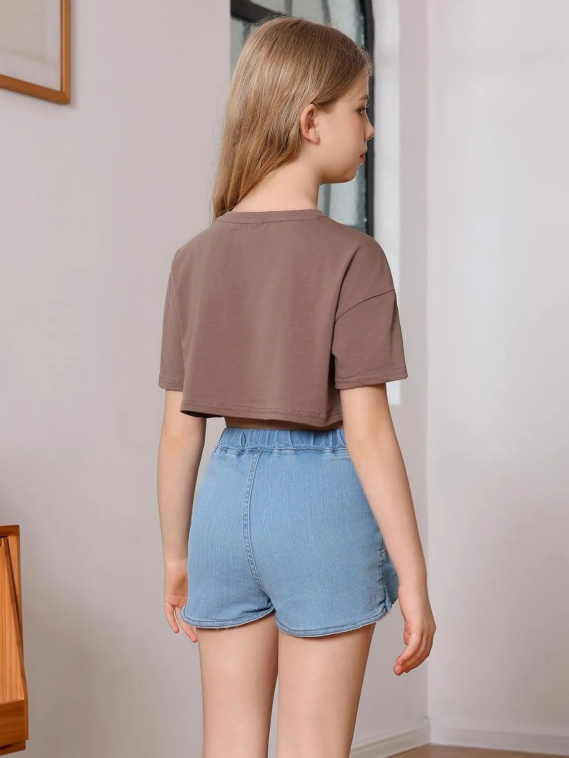Girl's Casual Elastic High Waist Solid Ruffle Hem Regular Fit Denim Skort Skirt
