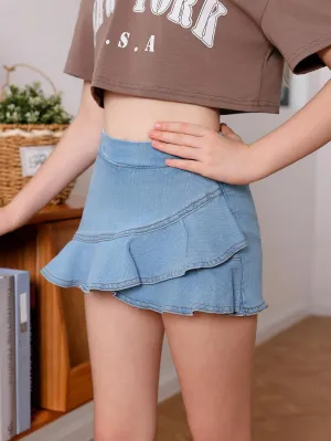Girl's Casual Elastic High Waist Solid Ruffle Hem Regular Fit Denim Skort Skirt