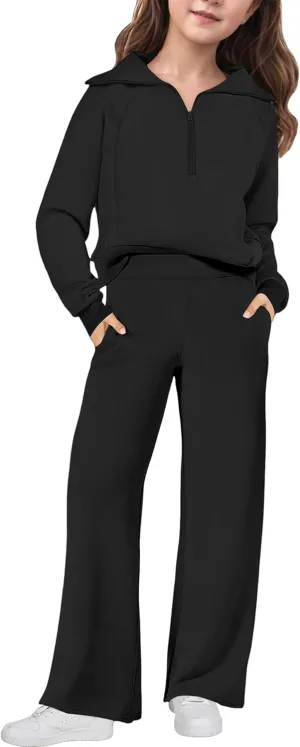 Girls Clothes 7-14Y Solid Color Half Zip Pullover Sweatshirt Fleece Lined Kids Sweatpants