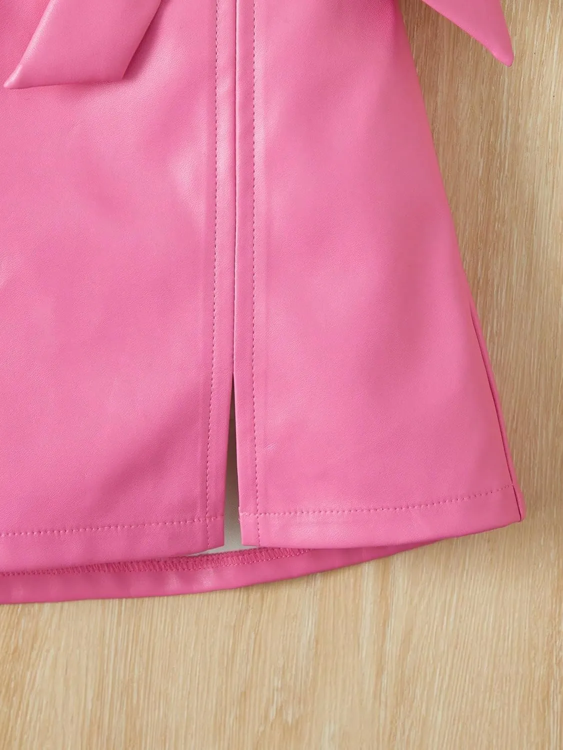 Girl's Cute PU Leather Skirt Elastic High Waist Split Hem Bow Front Mini Skirts